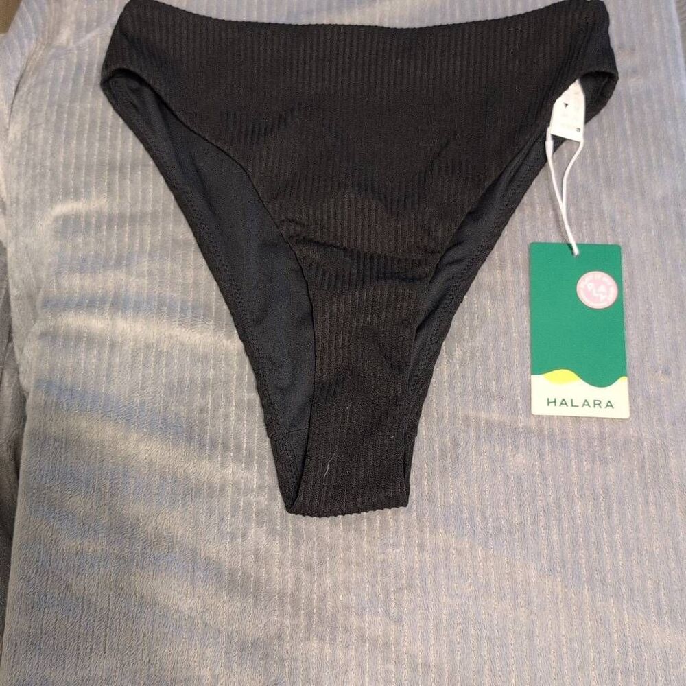 NWT HALARA size M Black Ribbed High Waisted Cheeky Bikini Bottom Swim